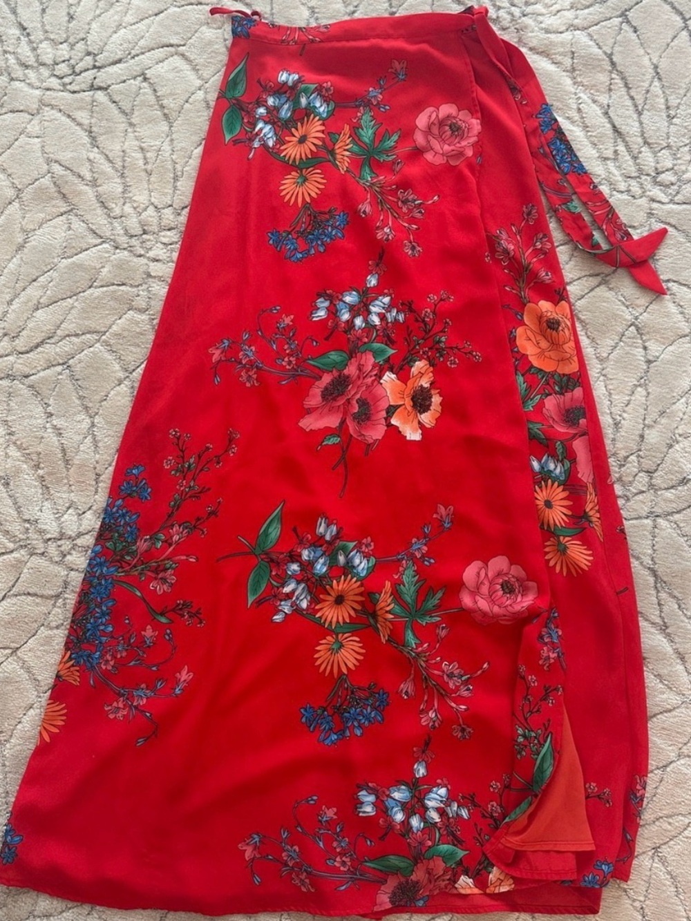 Lulu's Red Floral Midi Skirt with Multicolor Botanical Print